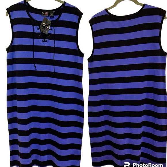 C & B Sport Sleeveless Casual Ribbed Knit Stripe Shift Dress Blue Size Large NWT - Picture 1 of 10